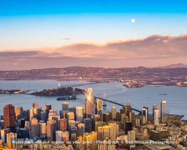 Sunset sparkle and moonrise over the San Francisco Bay Area - Bob Minkin Photography
